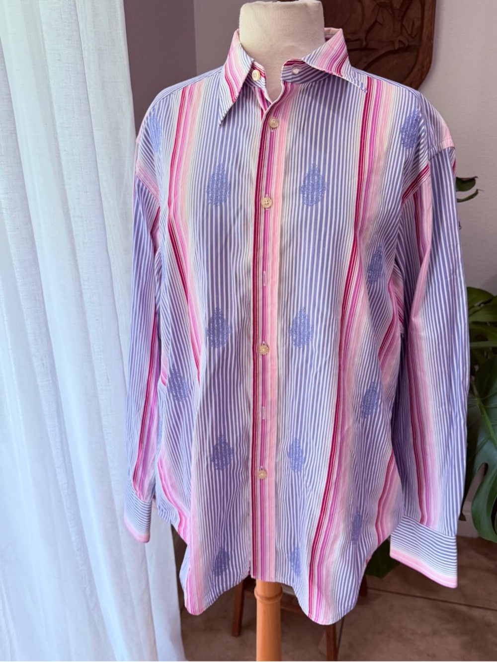 Robert Graham Striped Button Down Shirt Embroidered Flip Cuff Large
